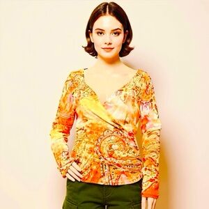 Y2K Cache Sheer Mesh Paisley Wrap Top SZ L Boho Retro Festival Fairycore Grunge